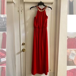 Red formal dress with gold embellished collar